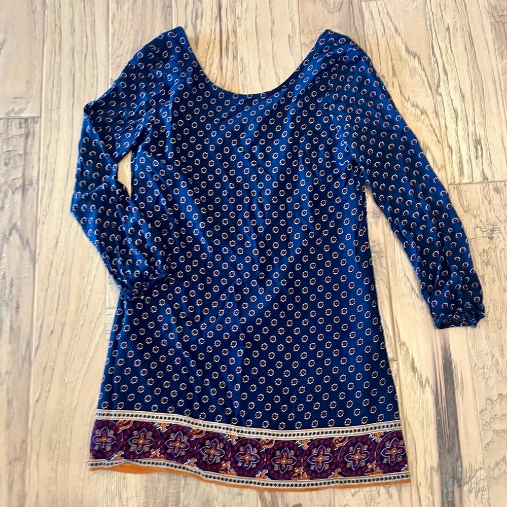 Forever 21 Navy Long Sleeve Mini Dress w/ Purple Flower Pattern, size M